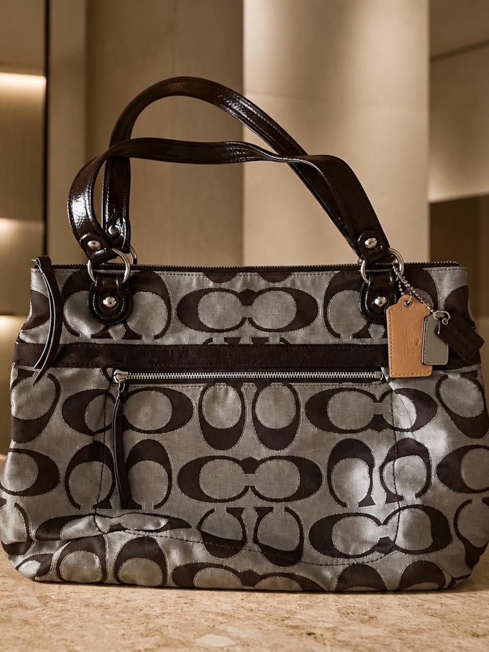Coach Signature 2020 Jacquard Tote Bag in Brown and Silver